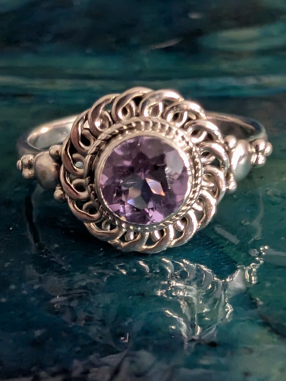 🆕 Sterling Silver Genuine Amethyst Halo Ring Size 7